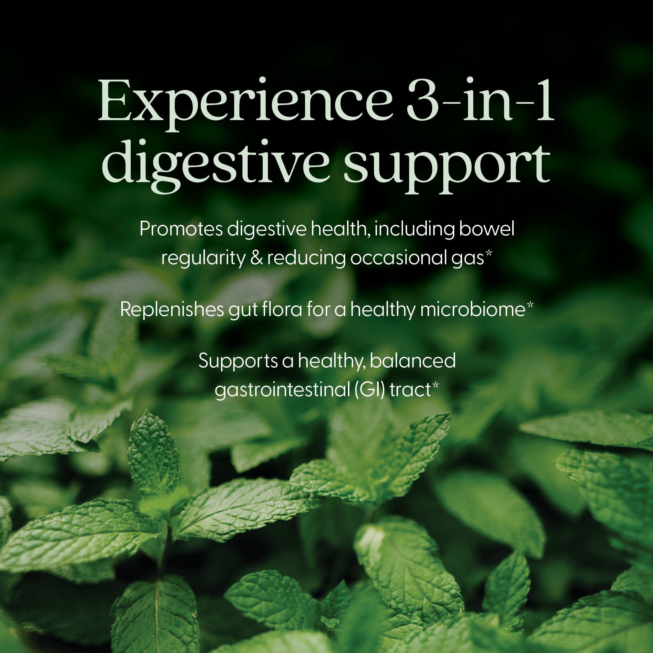 Experience 3-in-1 digestive support, Promotes digestive health, including bowel regularity & reducing occasional gas, replenishes gut flora for a healthy microbiome, supports a healthy, balanced gastrointestinal (GI) tract