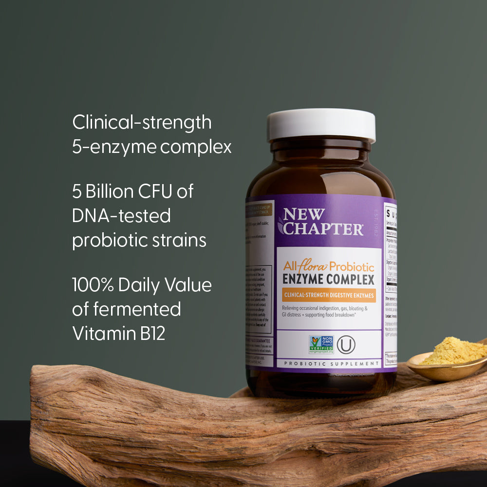 Clinical-strength 5-enzyme complex. 5 billion CFU of DNA-tested probiotic strains. 100% Daily Value of fermented Vitamin B12
