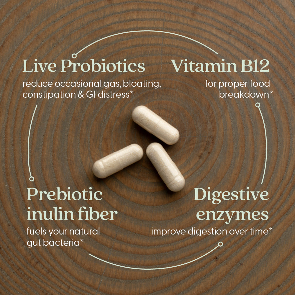 Live Probiotics reduce occasional gas, bloating, constipation, & GI distress* Vitamin B12 for proper food breakdown* Prebiotic inulin fiber fuels your natural gut bacteria* Digestive enzymes improve digestion over time*