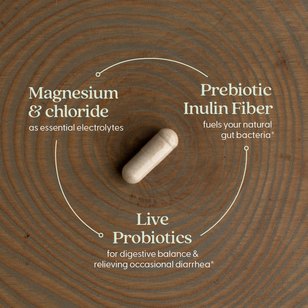 Magnesium & chloride as essential electrolytes. Prebiotic Inulin Fiber fuels your natural gut bacteria* Live Probiotics for digestive balance & relieving occasional diarrhea*