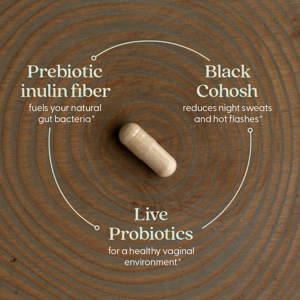 Prebiotic inulin fiber fuels your natural gut bacteria* Black Cohosh reduces night sweats and hot flashes* Live probiotics for a healthy vaginal environment*
