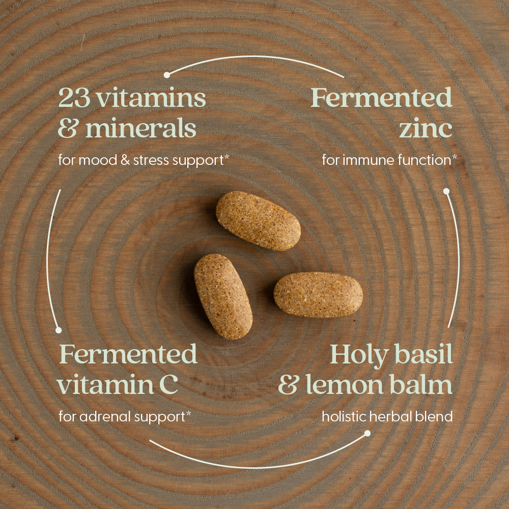 23 vitamins & minerals, fermented zinc, fermented vitamin c, holy basil & lemon balm