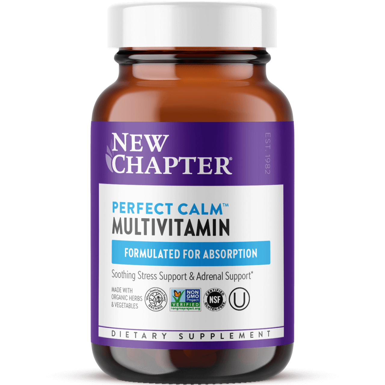 A bottle of New Chapter Perfect Calm Multivitamin Soothing stress support, Adrenal support USDA Organic and NSF Certified Gluten-Free.