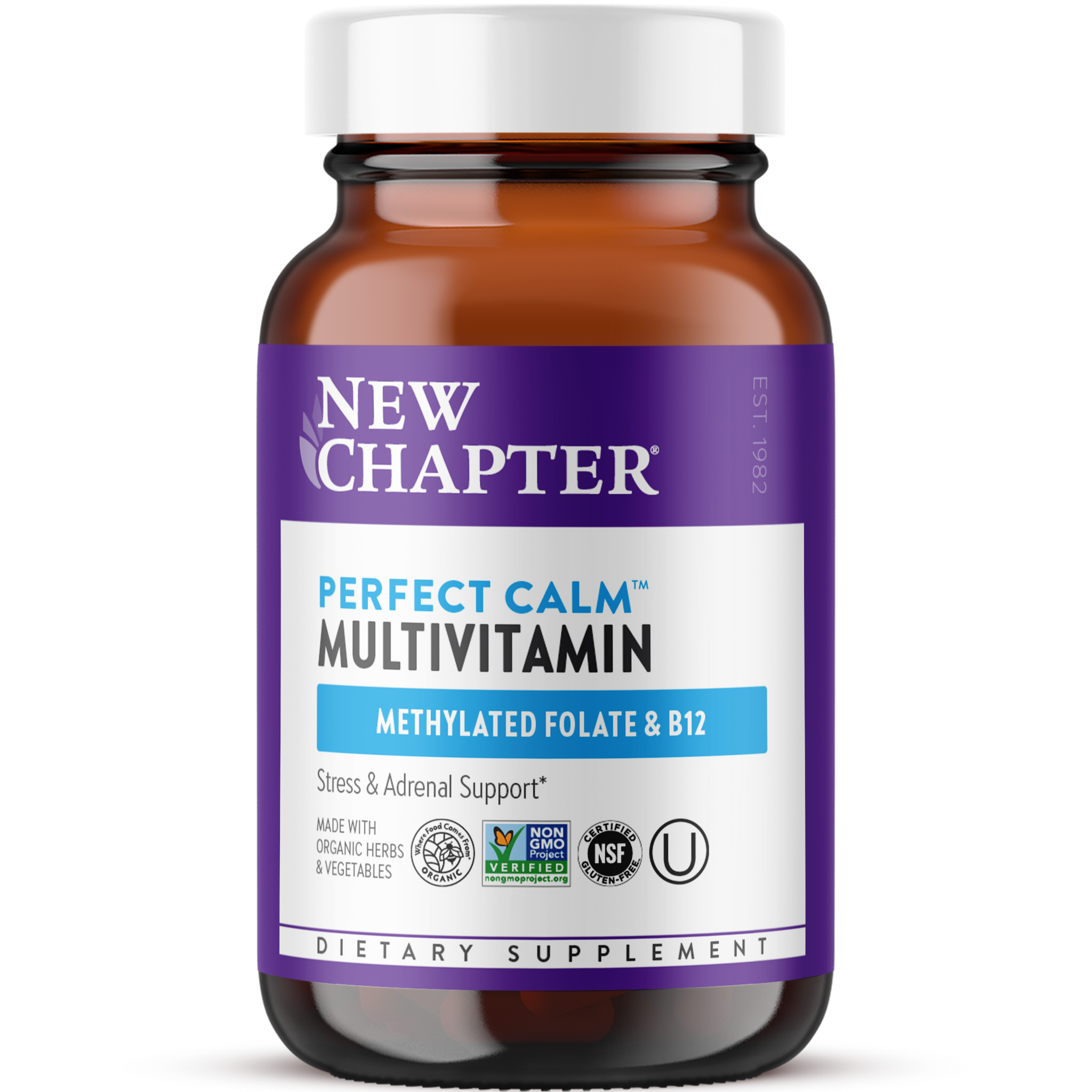 A bottle of New Chapter Perfect Calm Multivitamin Soothing stress support, Adrenal support USDA Organic and NSF Certified Gluten-Free.