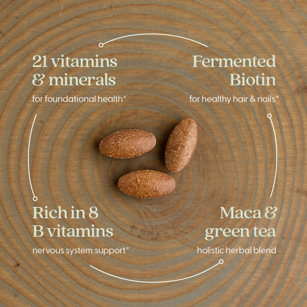 21 vitamins & minerals, fermented biotin, rich in 8 B vitamins, maca & Green tea