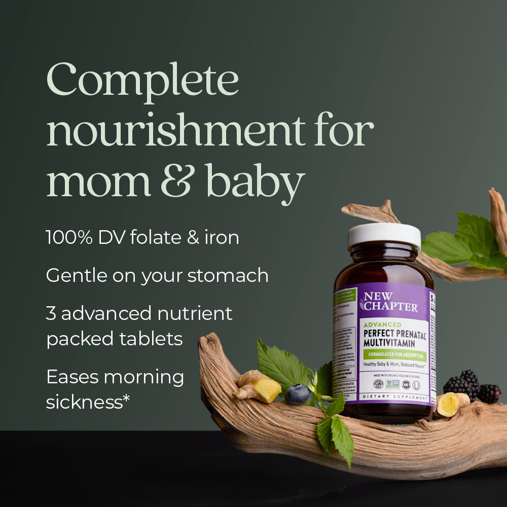 Complete nourishment for mom & baby, 100% DV folate & iron, gentle on your stomach, 3 advanced nutrient packed tablets, eases morning sickness