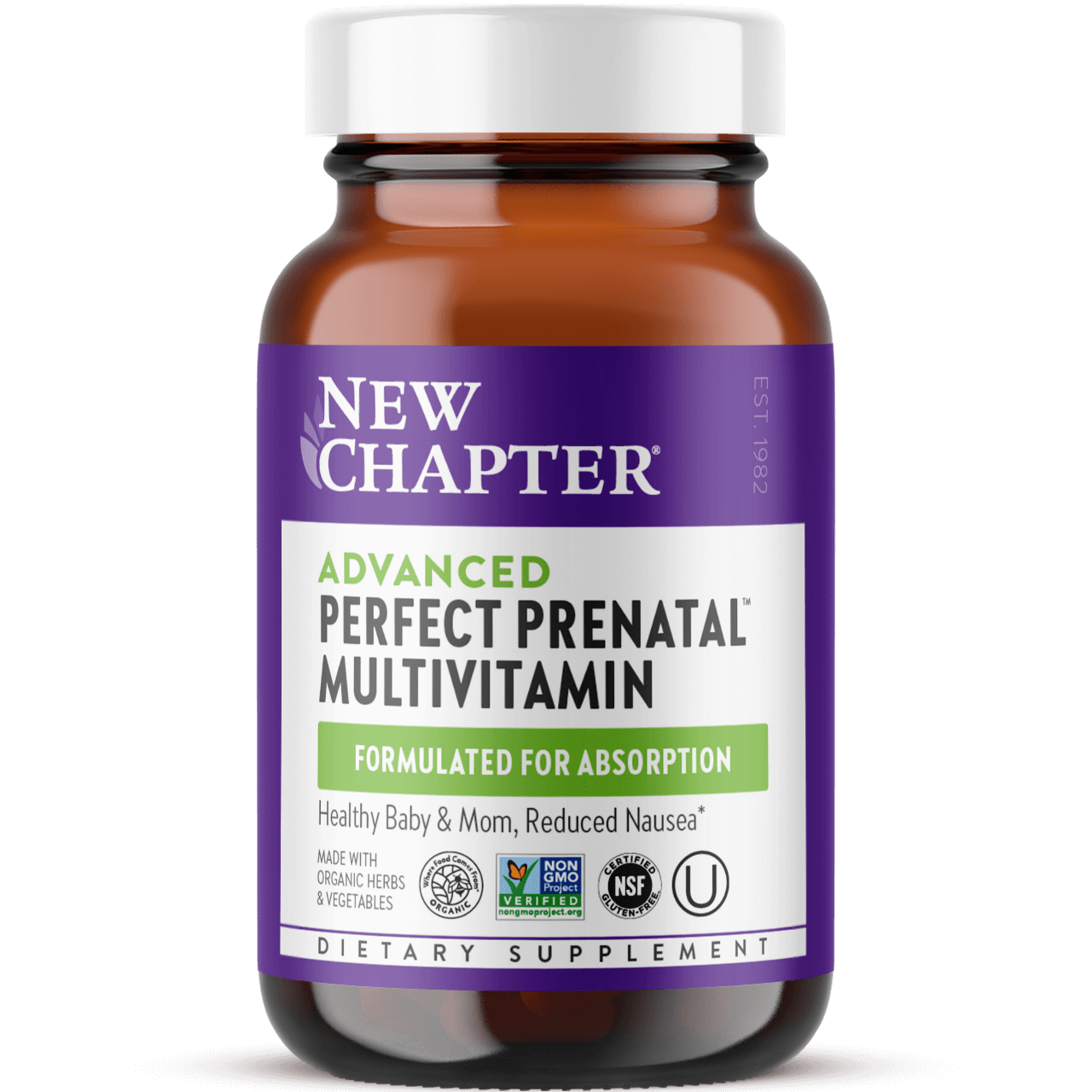 Bottle of New Chapter Advanced Perfect Prenatal Multivitamin formulated for absorption