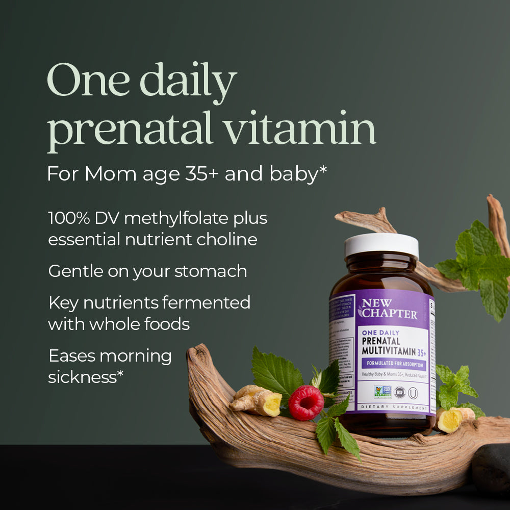 One daily prenatal vitamin. For Mom age 35+ and baby* 100% DV methylfolate plus essential nutrient choline. Gentle on your stomach. Key nutrients fermented with whole foods. Eases morning sickness*