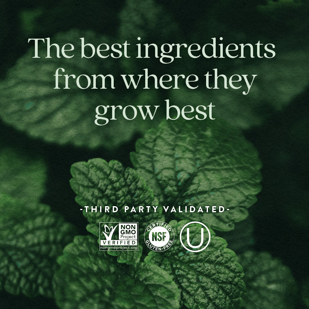 Third party validated. Non-GMO Project Verified. Certified NSF Gluten-Free. Kosher