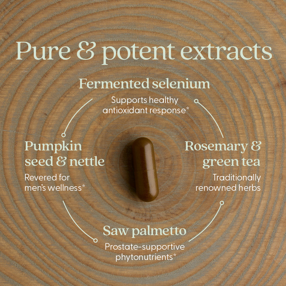 Pure & Potent extracts, fermented selenium, pumpkin seed & nettle, rosemary & green tea, saw palmetto