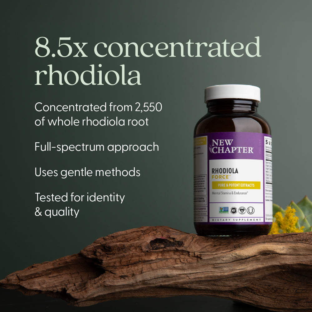 8.5x concentrated rhodiola, concentrated from 2,550 of whole rhodiola root, full-spectrum approach, uses gentle methods, tested for identity & quality