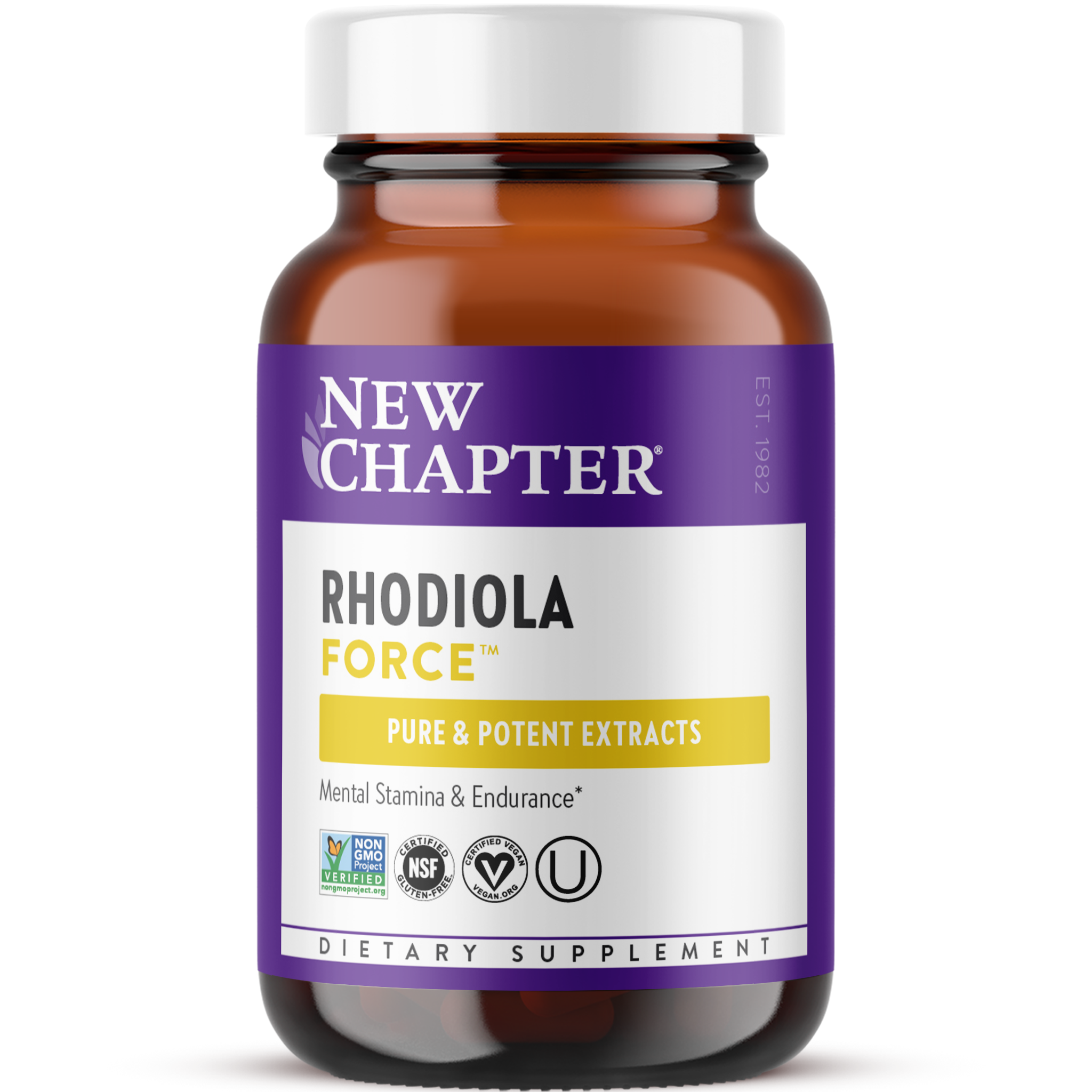 A bottle of New Chapter Rhodiola Force dietary supplement with a purple label, indicating it supports mental stamina and endurance.