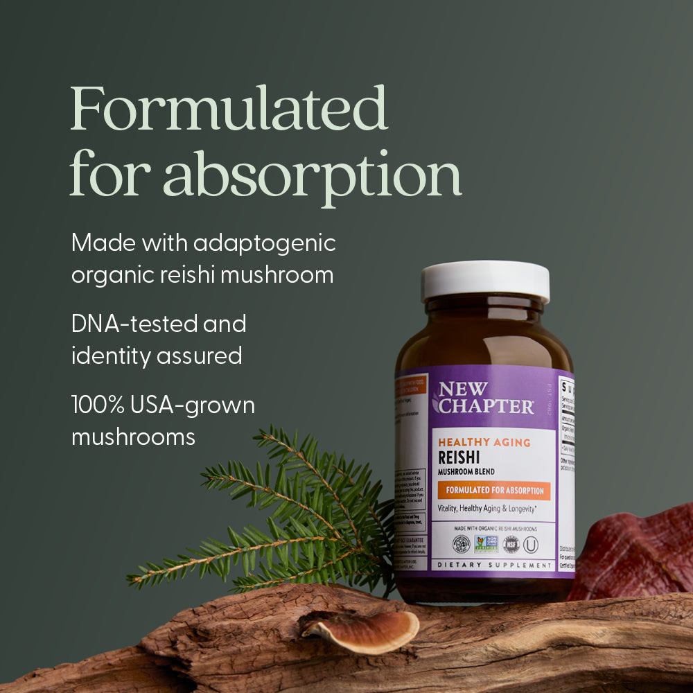 made with adaptogenic organic reishi mushrooms, DA-tested and identity assured, 100% USA-grown mushrooms