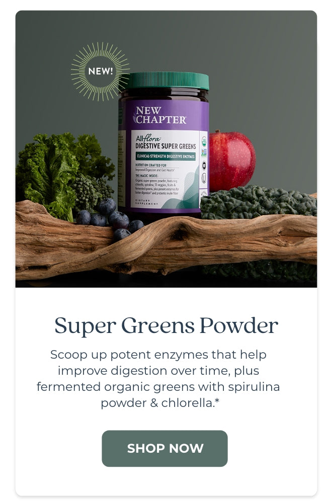 super greens powder scoop up potent enzymes that help improve digestion over time, plus fermented organic greens with spirulina powder & chlorella.*
