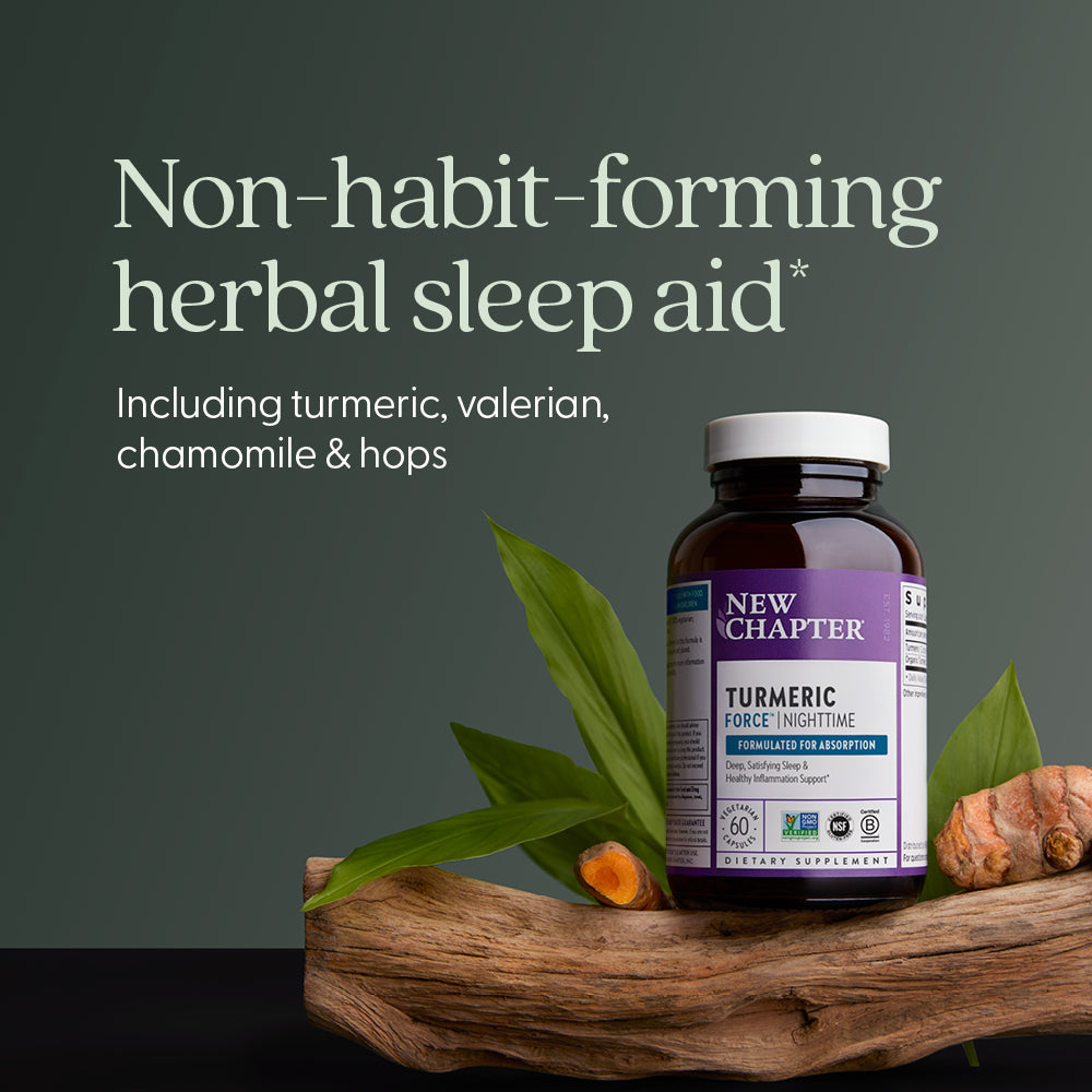Non-habit-forming herbal sleep aid including turmeric, valerian, chamomile & hops