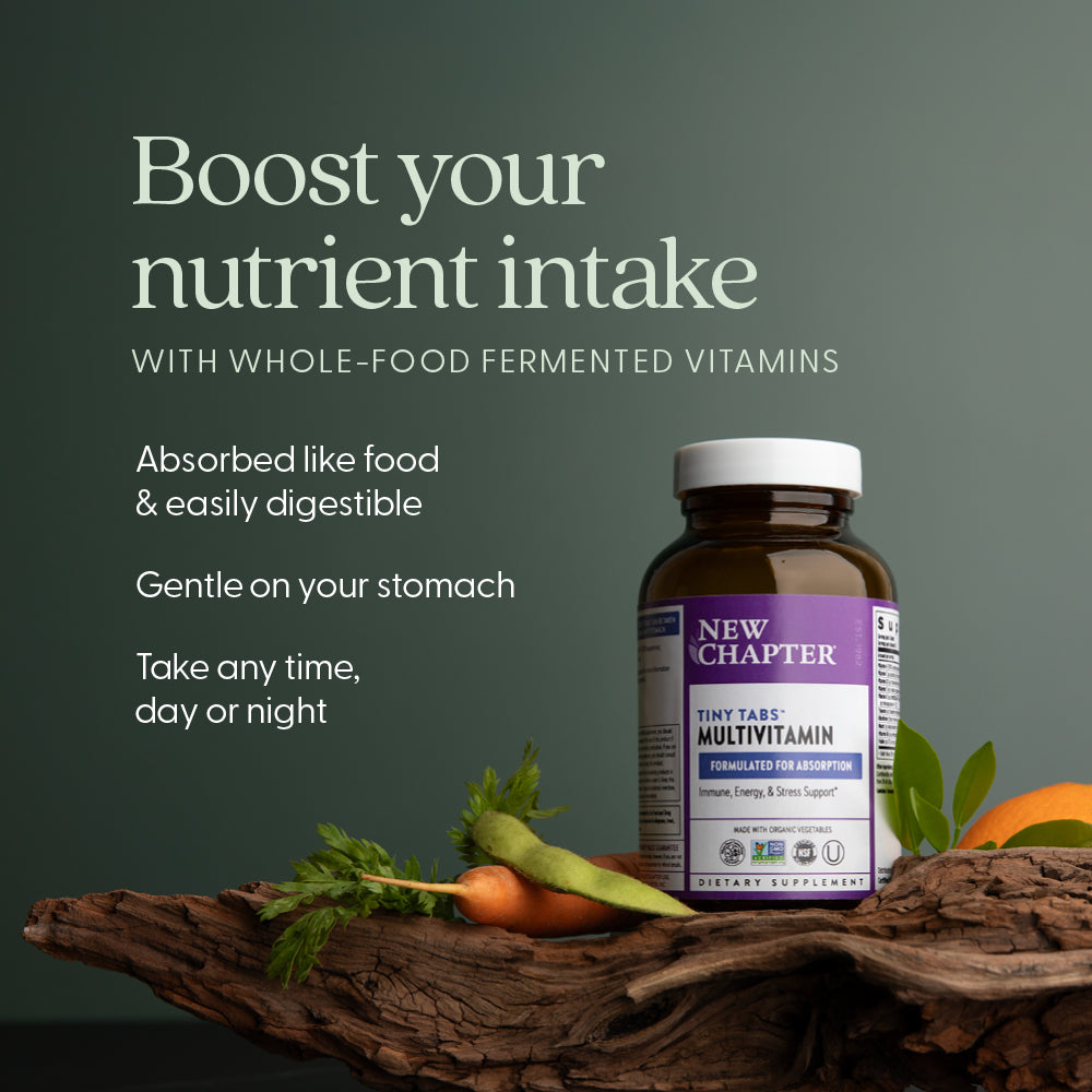 Boost nutrient intake with tiny tabs multivitamin, absorbed like food & easily digestible, gentle on your stomach, take any time day or night