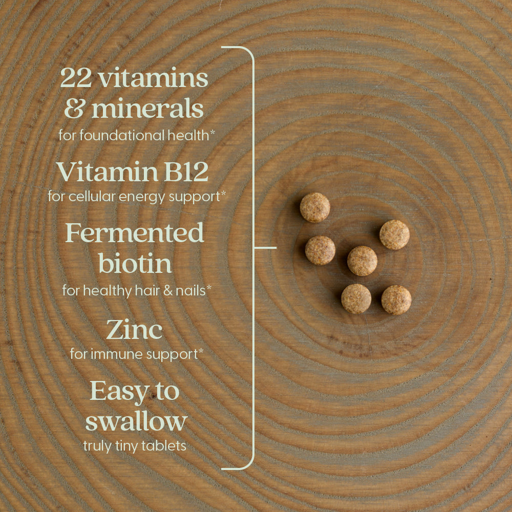 22 vitamins and minerals in tiny tabs multivitamin, vitamin B12, Fermented Biotin, Zinc, easy to swallow