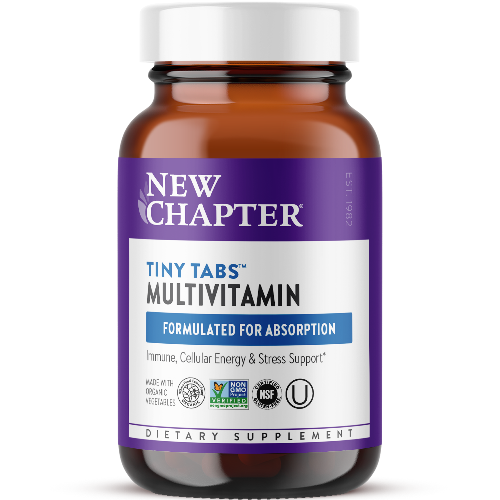 A bottle of New Chapter Tiny Tabs Multivitamin with a purple label, indicating it is formulated for absorption and supports immune, cellular energy, and stress support.