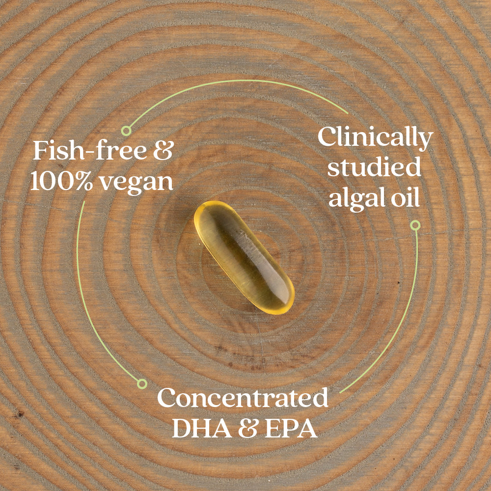 Fish-free & 100% vegan, Clinically studied algal oil, Concentrated DHA & EPA