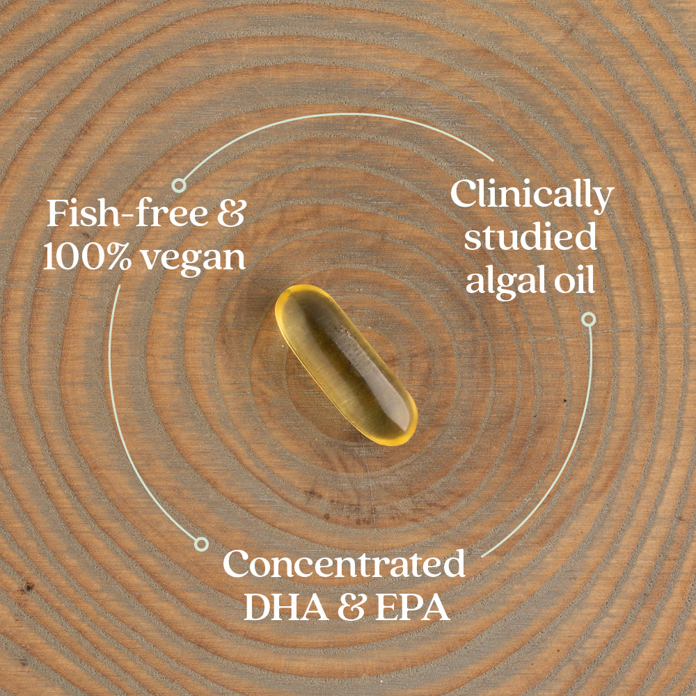 Fish-free & 100% vegan, Clinically studied algal oil, concentrated DHA & EPA