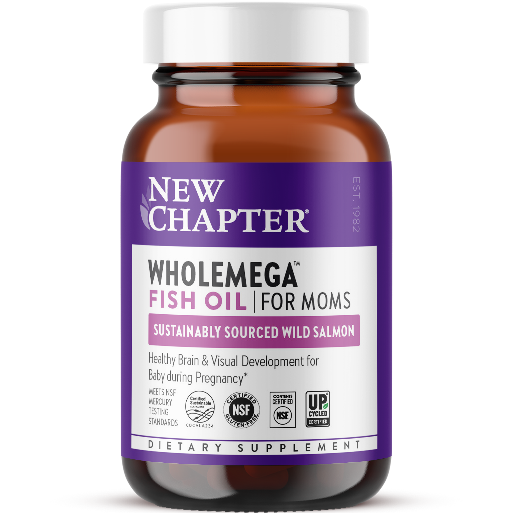 A bottle of New Chapter Wholemega Fish Oil for Moms with a label indicating it is sustainably sourced wild salmon and designed for healthy brain and visual development for babies during pregnancy and breastfeeding.