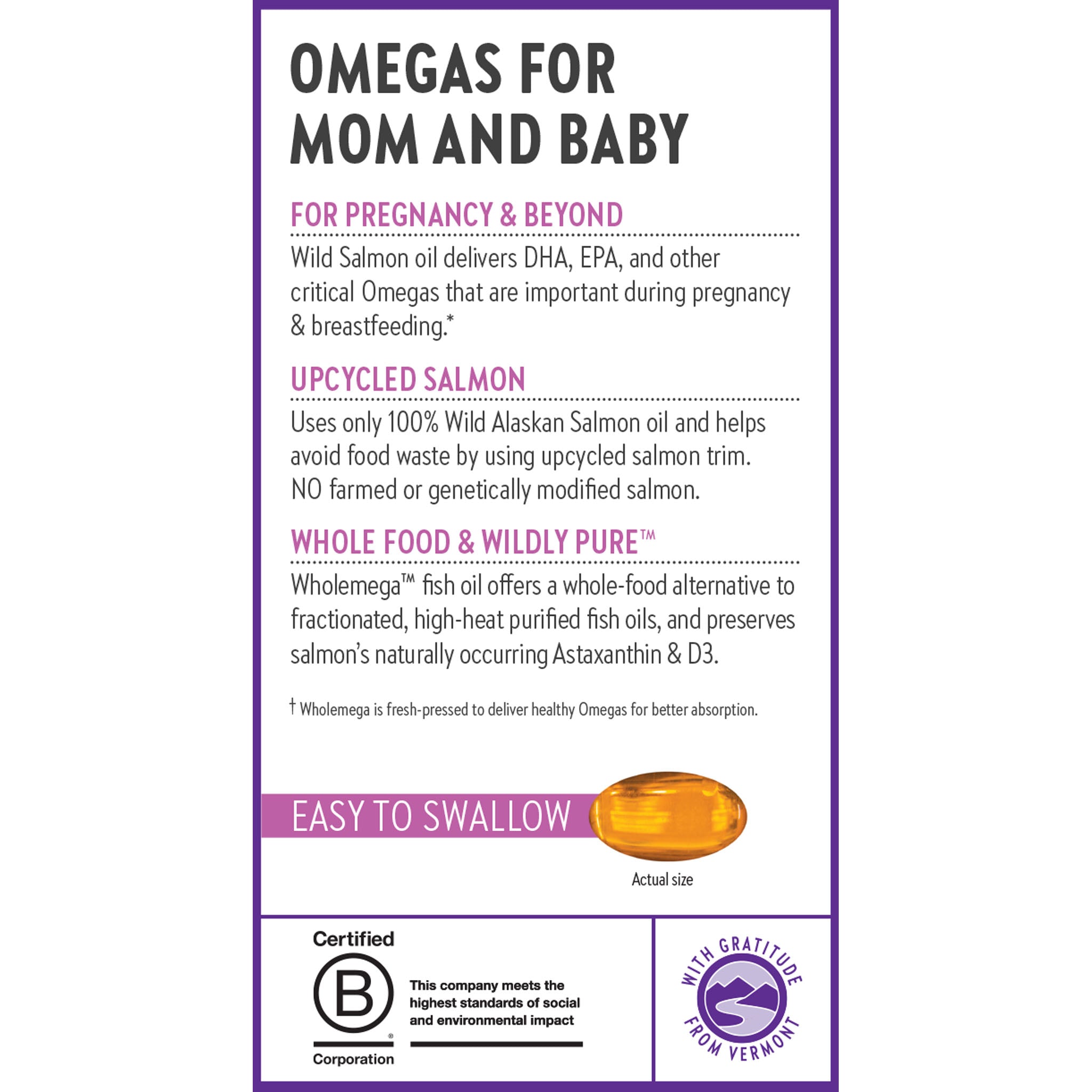 Omegas for Mom and Baby, For Pregnancy & Beyond, Upcycled Salmon, Whole Food& Wildy Pure
