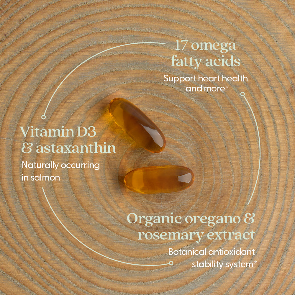 Vitamin D3 & astaxanthin, Organic oregano & rosemary extract. 17 omega fatty acids