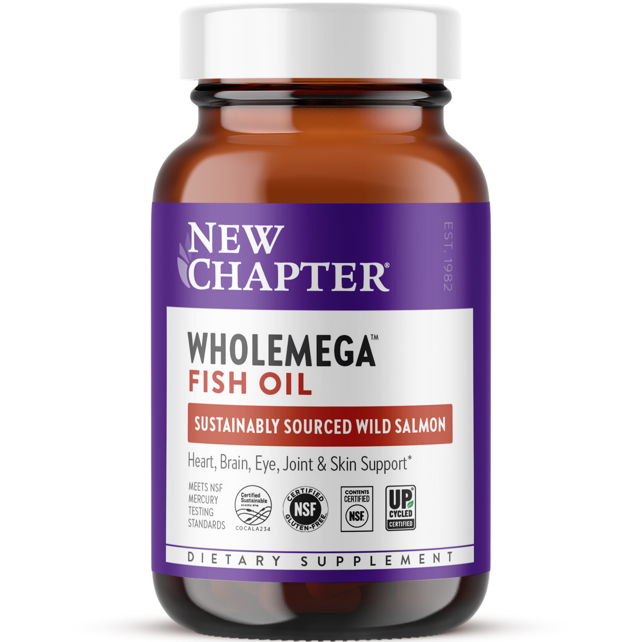 A bottle of New Chapter Wholemega Fish Oil dietary supplement with the label showing it is sustainably sourced wild salmon and has various health benefits.
