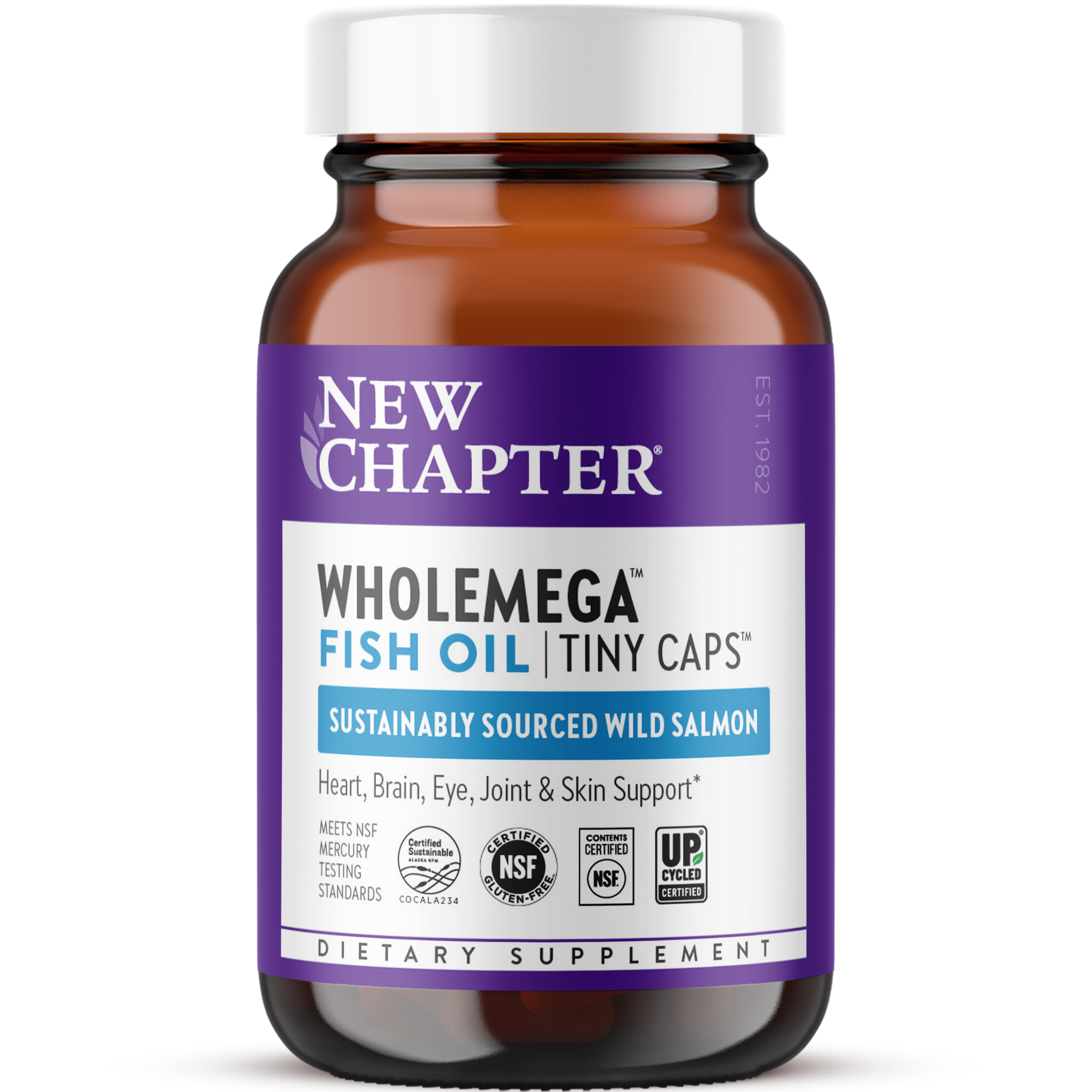 A bottle of New Chapter Wholemega Fish Oil Tiny Caps, which is a dietary supplement made from sustainably sourced wild salmon.