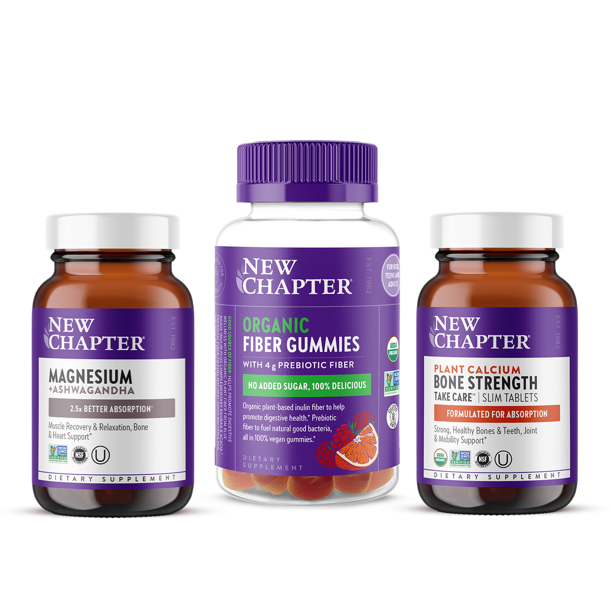 New Chapter Magnesium + Ashwagandha Bottle, New Chapter Organic Fiber Gummies Bottle & New Chapter Bone Strength Take Care Bottle