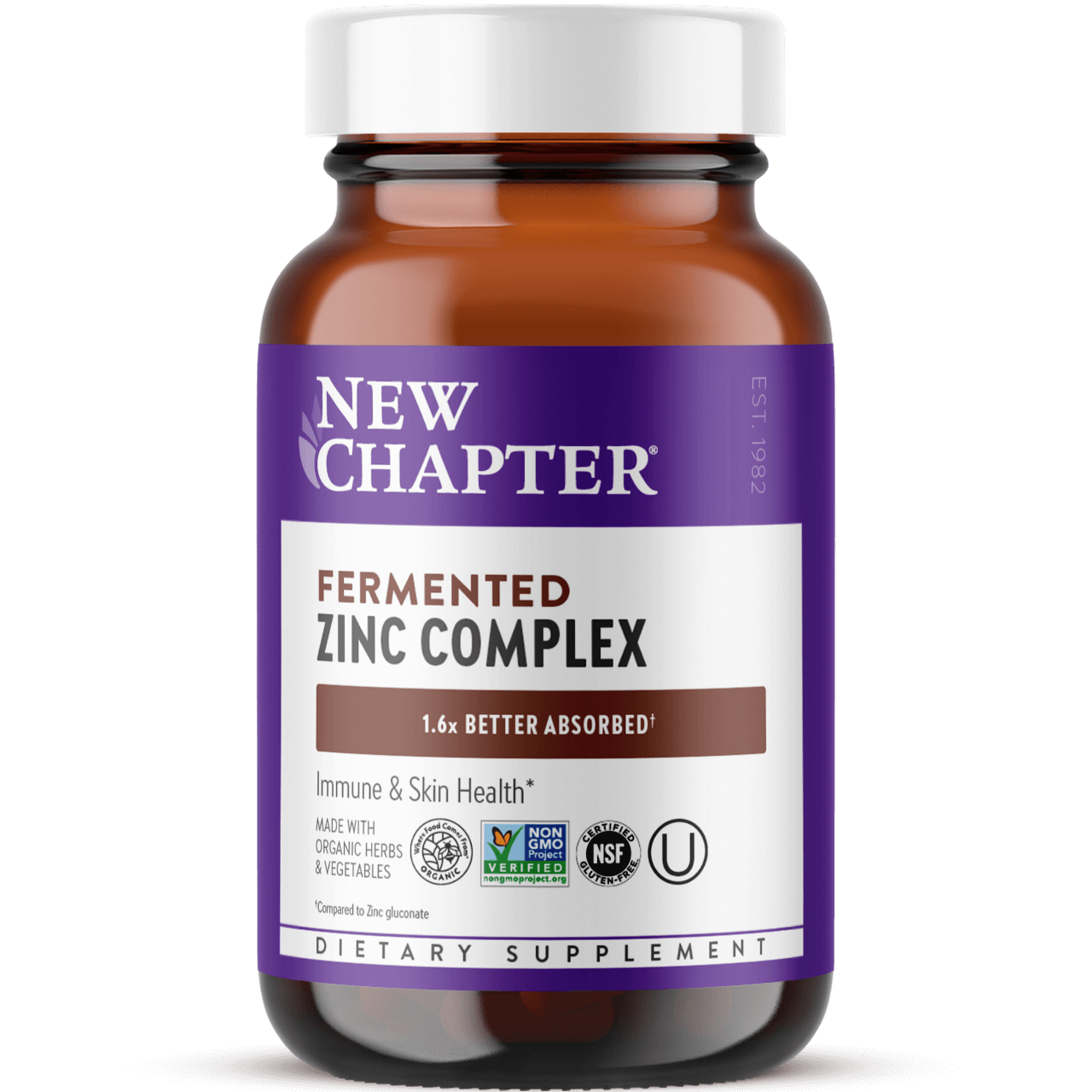 A bottle of New Chapter Fermented Zinc Complex dietary supplement with labels indicating it's for immune and skin health, with certifications such as gluten-free and organic.