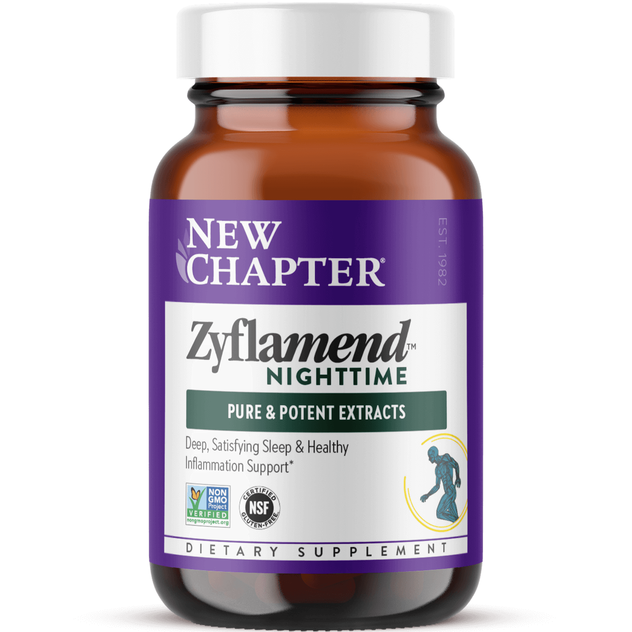 A bottle of New Chapter Zyflamend Nighttime dietary supplement with a purple label indicating it contains pure and potent extracts for sleep and inflammation support.