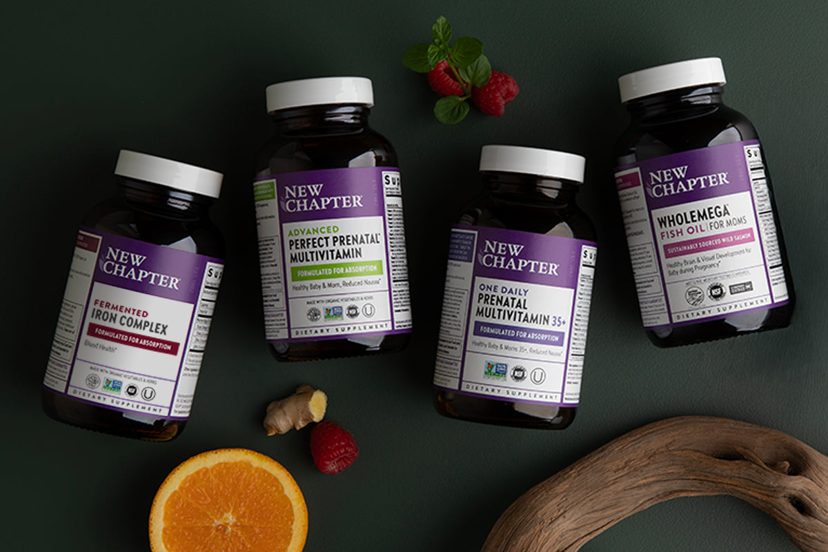 New Chapter Fermented Iron Complex, New Chapter Advanced Perfect Prenatal Multivitamin, New Chapter Prenatal One daily 35+ & New Chapter Wholemega for Moms