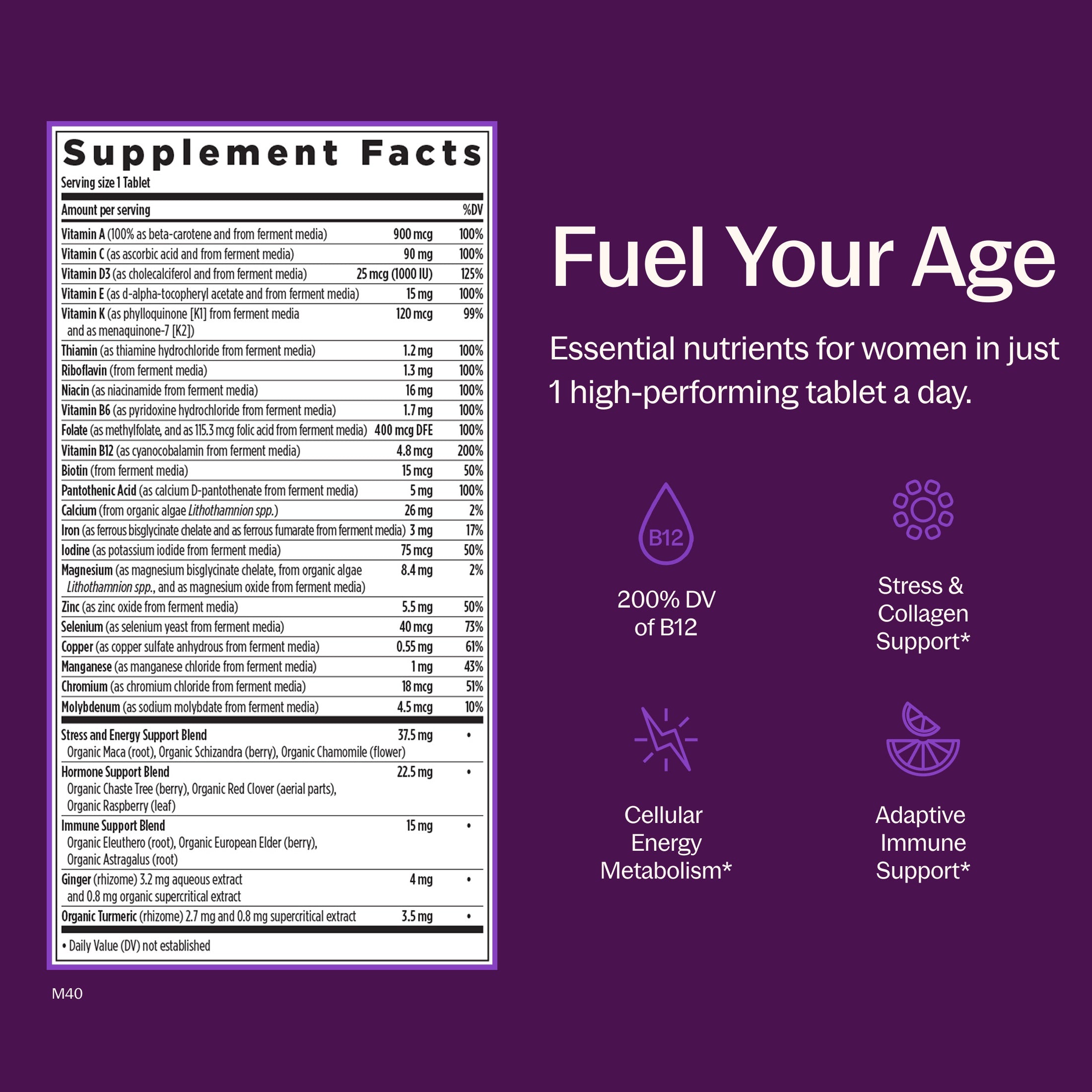 Fuel Your Age, 200% DV of B12, Stress & Collagen Support*, Cellular Energy Metabolism* Adaptive Immune Support*, Supplement Facts