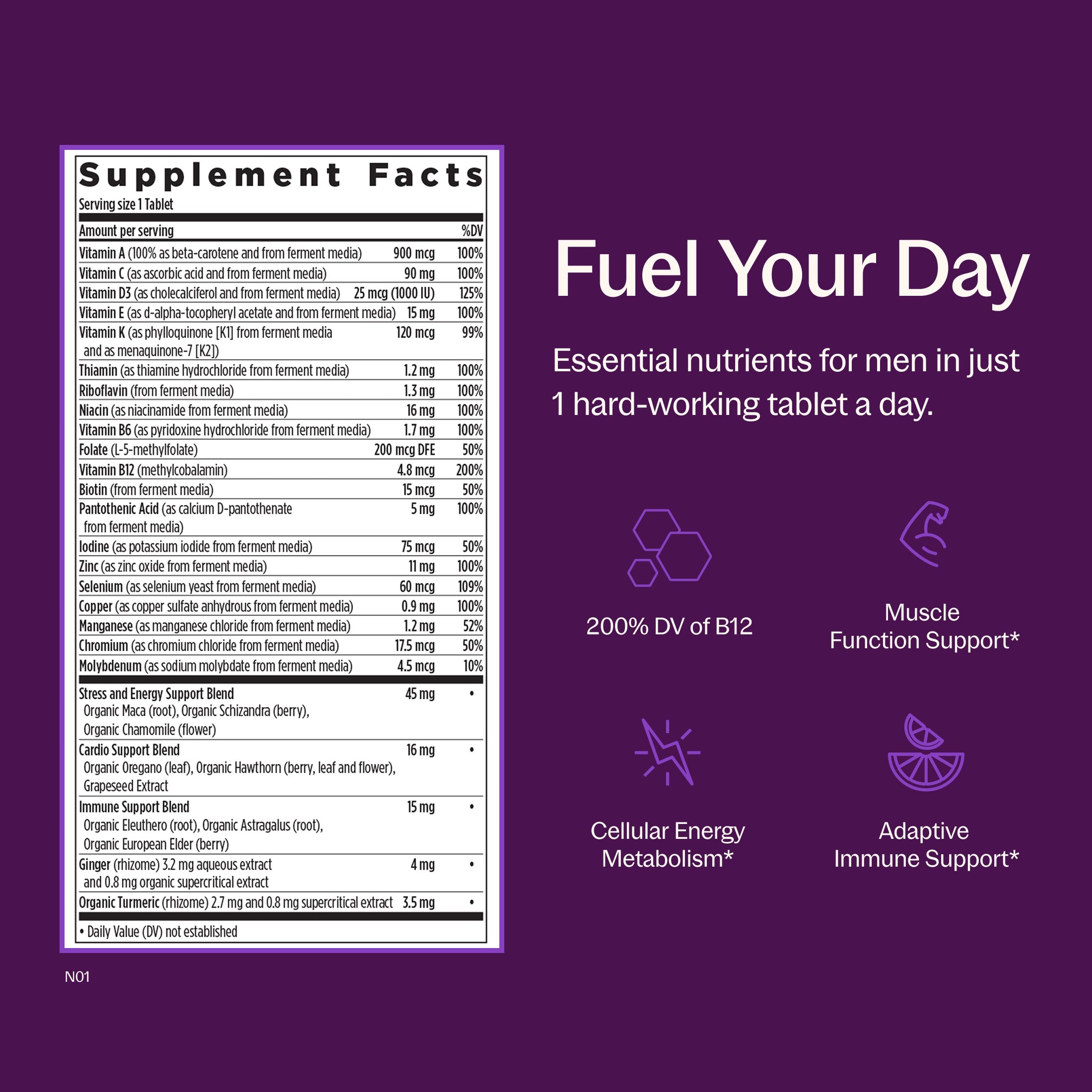Fuel Your Day, Essential nutrients for men in just 1 hard-working tablet a day. 200% DV of B12, Muscle function Support*, Cellular Energy Metabolism*, Adaptive immune Support*, Supplement Facts Panel