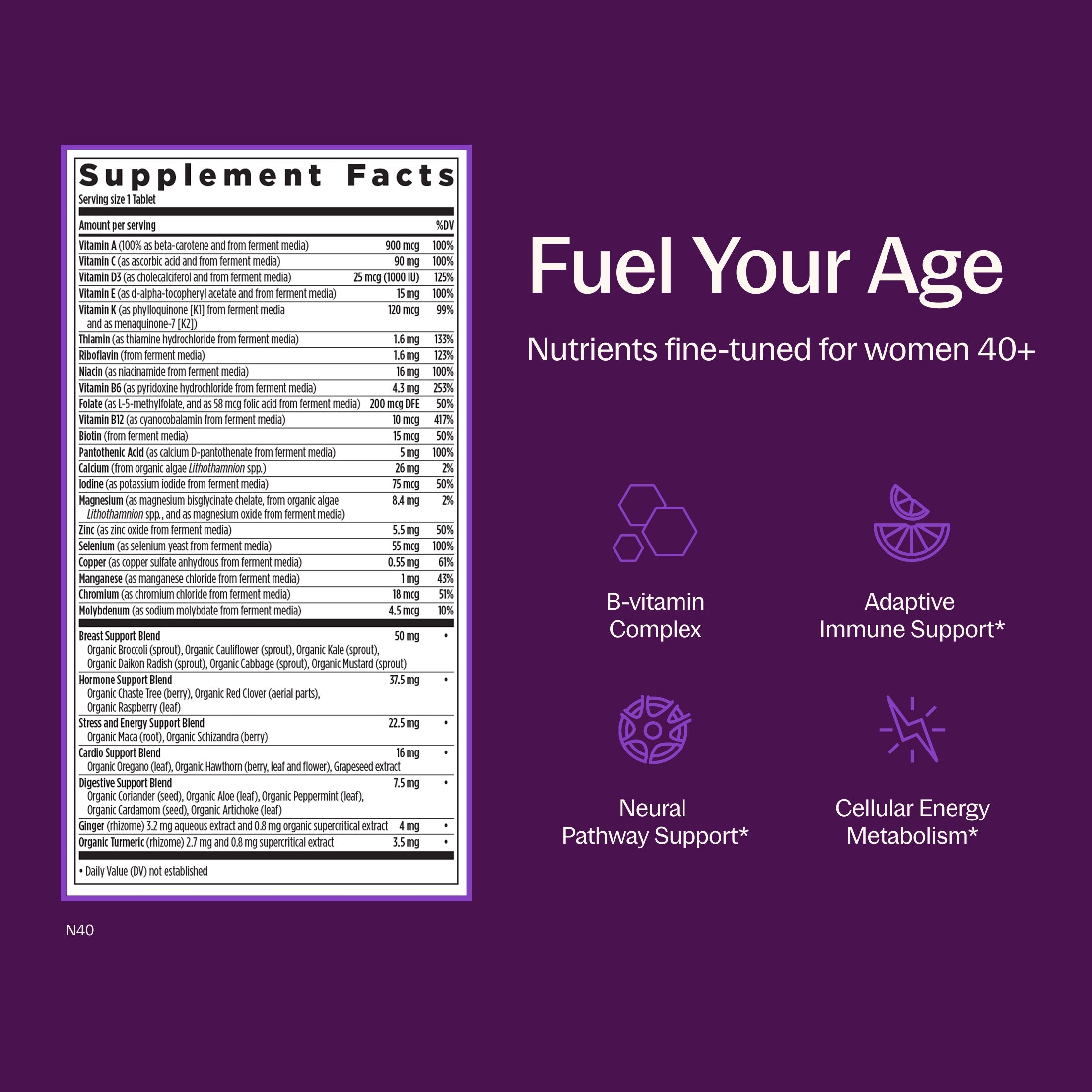 Fuel Your Age Nutrients fine-tuned for women 40+, B-vitamin complex, Adaptive Immune Support*, Neural Pathway Support*, Cellular Energy Metabolism*, Supplements Facts Panel