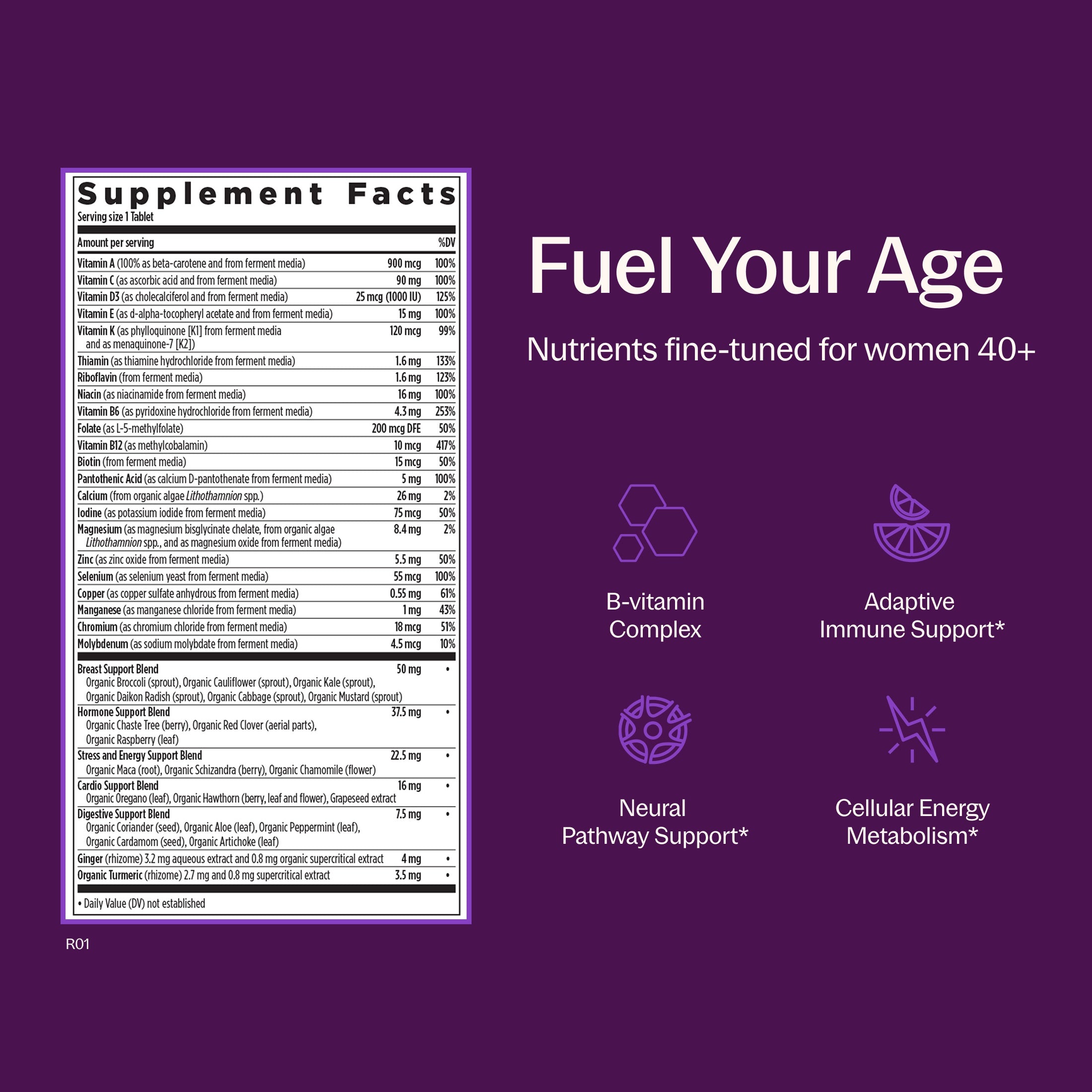 Fuel Your Age Nutrients fine-tuned for women 40+, B-vitamin complex, Adaptive Immune Support*, Neural Pathway Support*, Cellular Energy Metabolism*, Supplements Facts Panel
