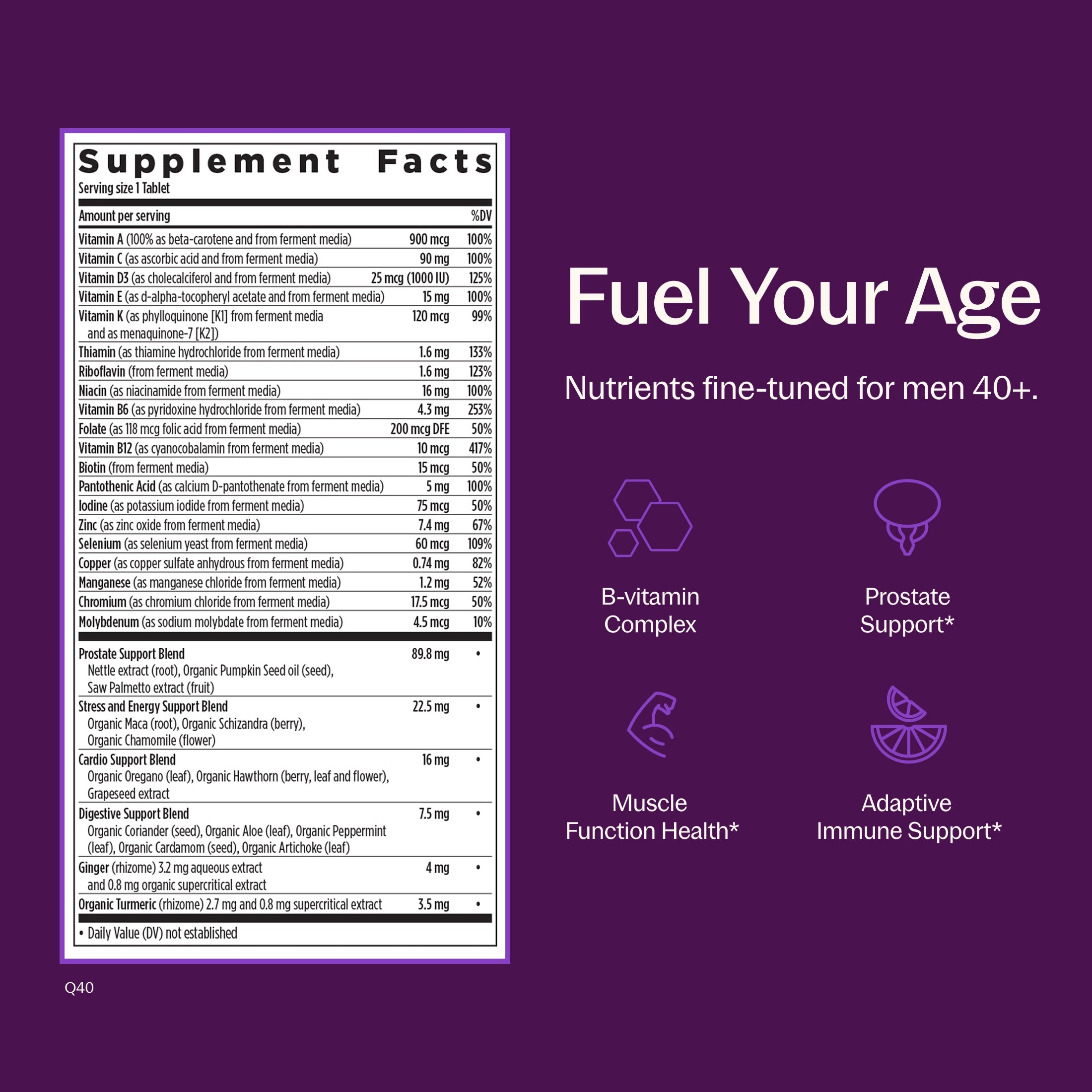 Fuel Your Age, Nutrients fine-tuned for men 40+. B-vitamin complex, Prostate Support*, Muscle Function Health*, Adaptive Immune Support*, Supplements Facts Panel