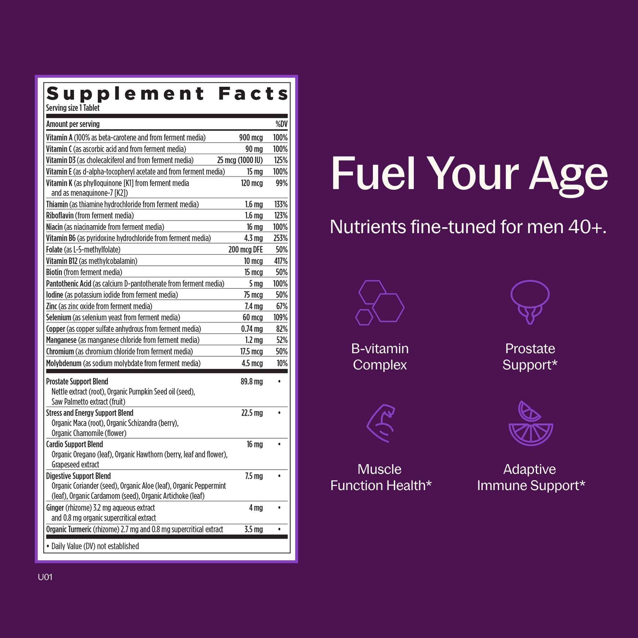 Fuel Your Age, Nutrients fine-tuned for men 40+. B-vitamin complex, Prostate Support*, Muscle Function Health*, Adaptive Immune Support*, Supplements Facts Panel