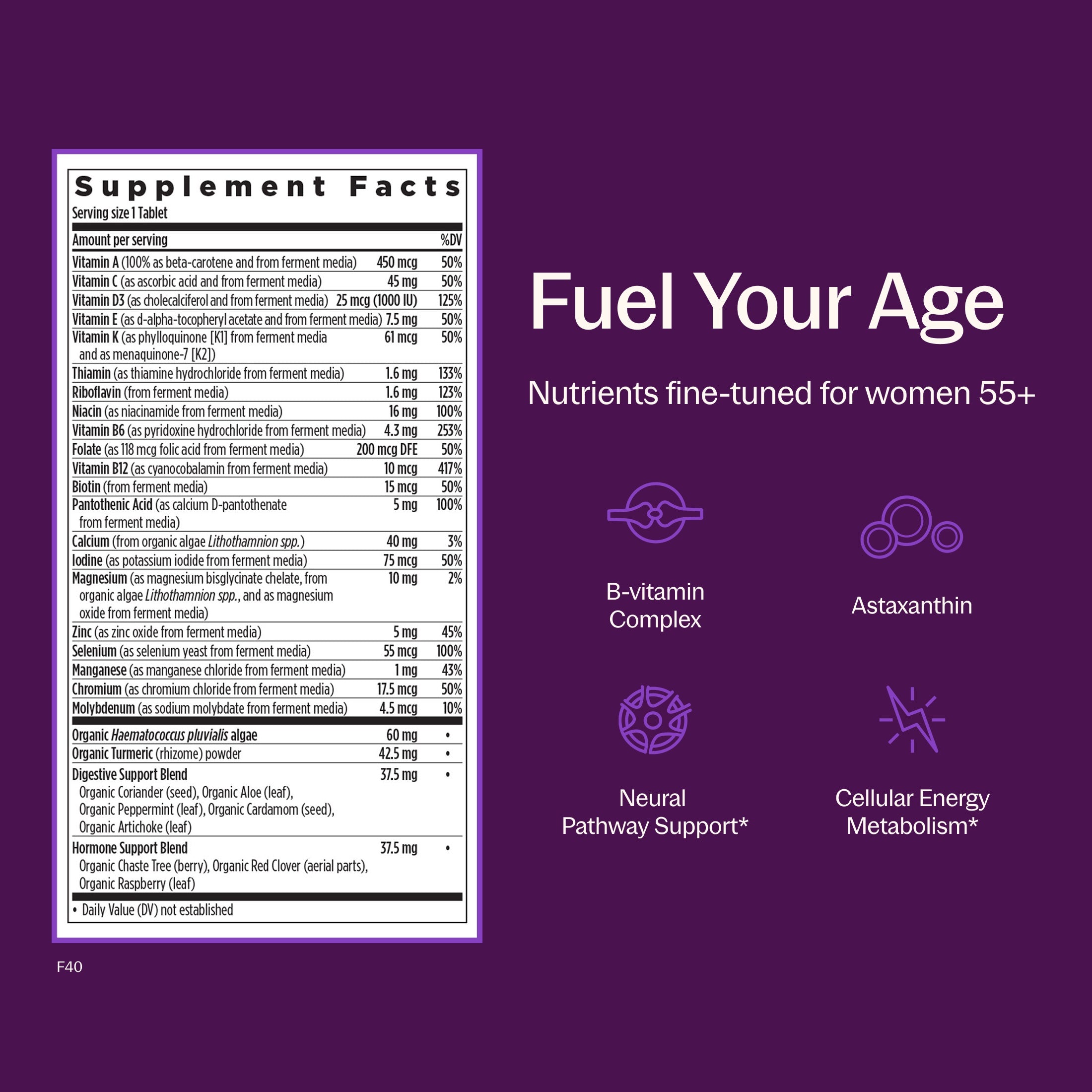 Fuel Your Age, Nutrients finetuned for women 55+, B-vitamin complex, Astaxanthin, neural Pathway Support*, Cellular Energy Metabolism*, Supplements Facts Panel