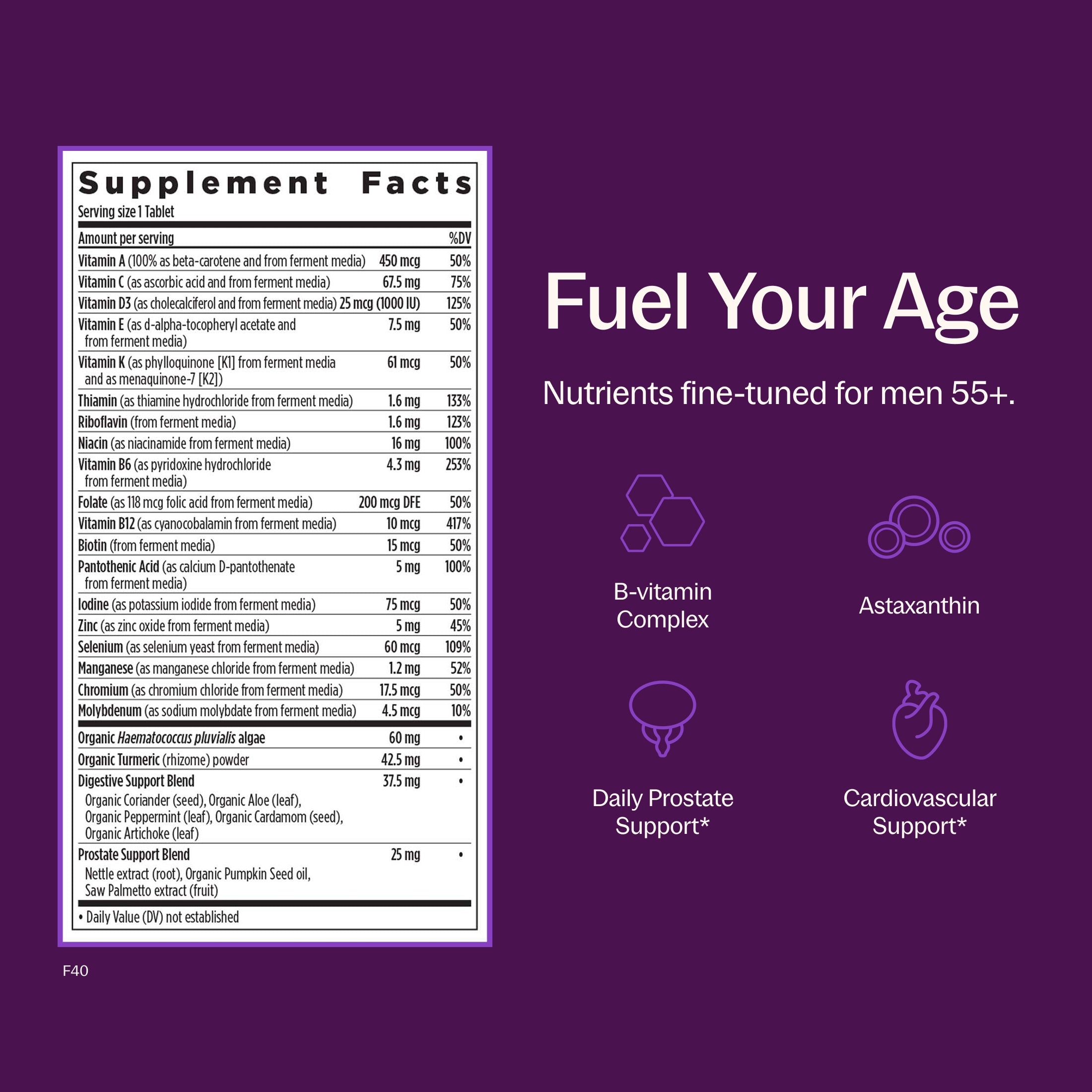 Fuel Your Age Nutrients fine-tuned for men 55+. B-vitamin complex, Astaxanthin, Daily Prostate Support*, Cardiovascular Support*, Supplement Facts Panel