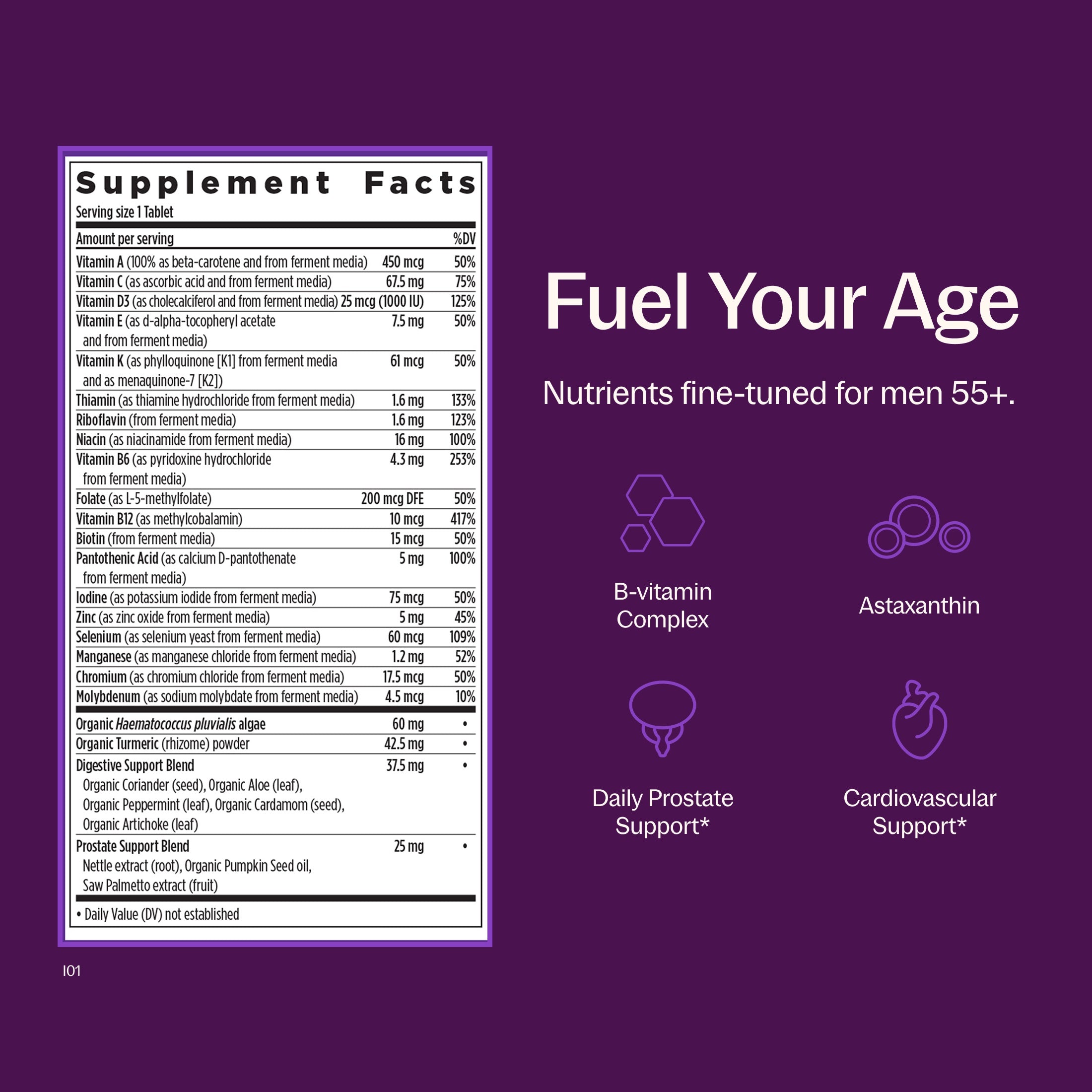Fuel Your Age Nutrients fine-tuned for men 55+. B-vitamin complex, Astaxanthin, Daily Prostate Support*, Cardiovascular Support*, Supplement Facts Panel