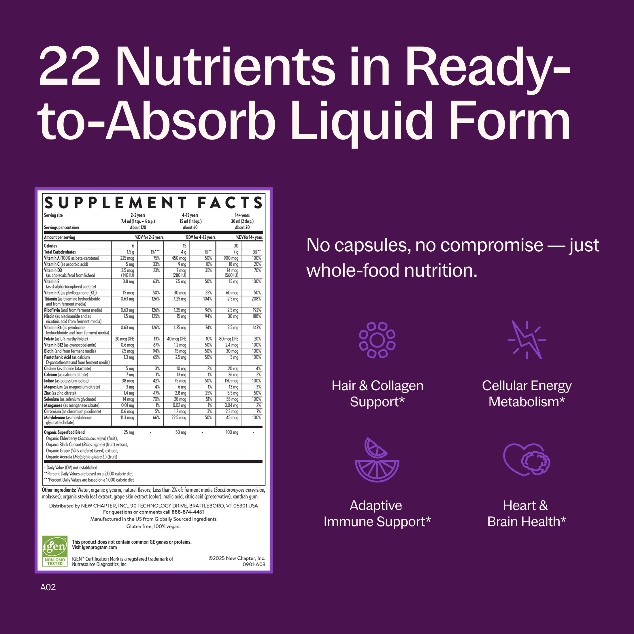 22 nutrients in Ready-to-Absorb Liquid Form, Hair & Collagen Support* Cellular Energy Metabolism*, Adaptive Immune Support*, Heart & Brain Health* Supplement Facts