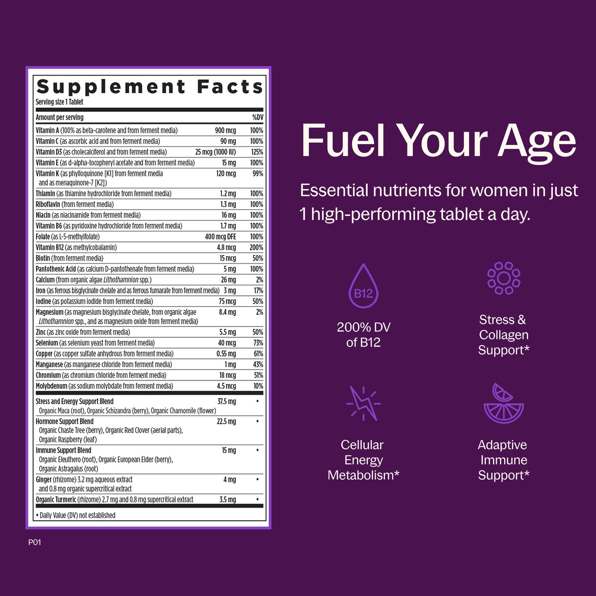 Fuel Your Age, 200% DV of B12, Stress & Collagen Support*, Cellular Energy Metabolism* Adaptive Immune Support*, Supplement Facts