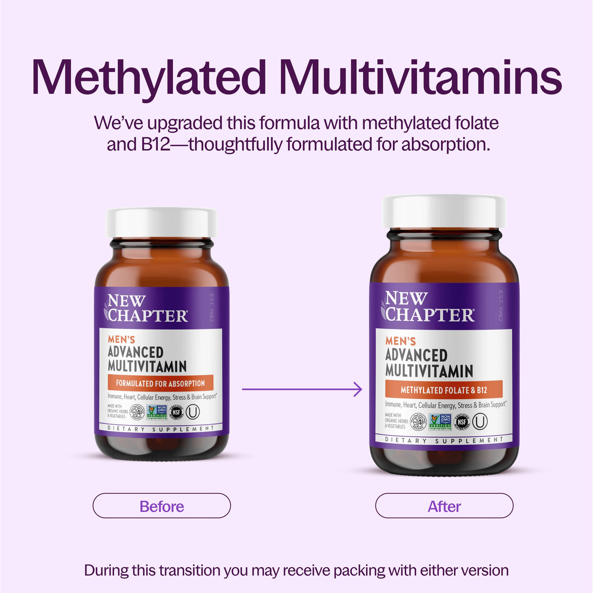 Methylated Multivitamins We've upgraded this formula with methylated folate and B12- thoughtfully formulated for absorption. During this transition you may receive packing with either version.
