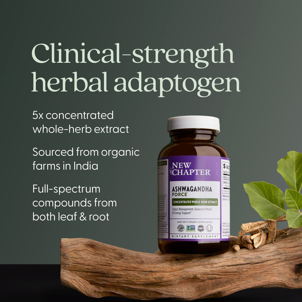 Clinical-strength herbal adaptogen, 5x concentrated whole-herb extract, sourced from organic farms in India, Full-spectrum compounds from both leaf & root.