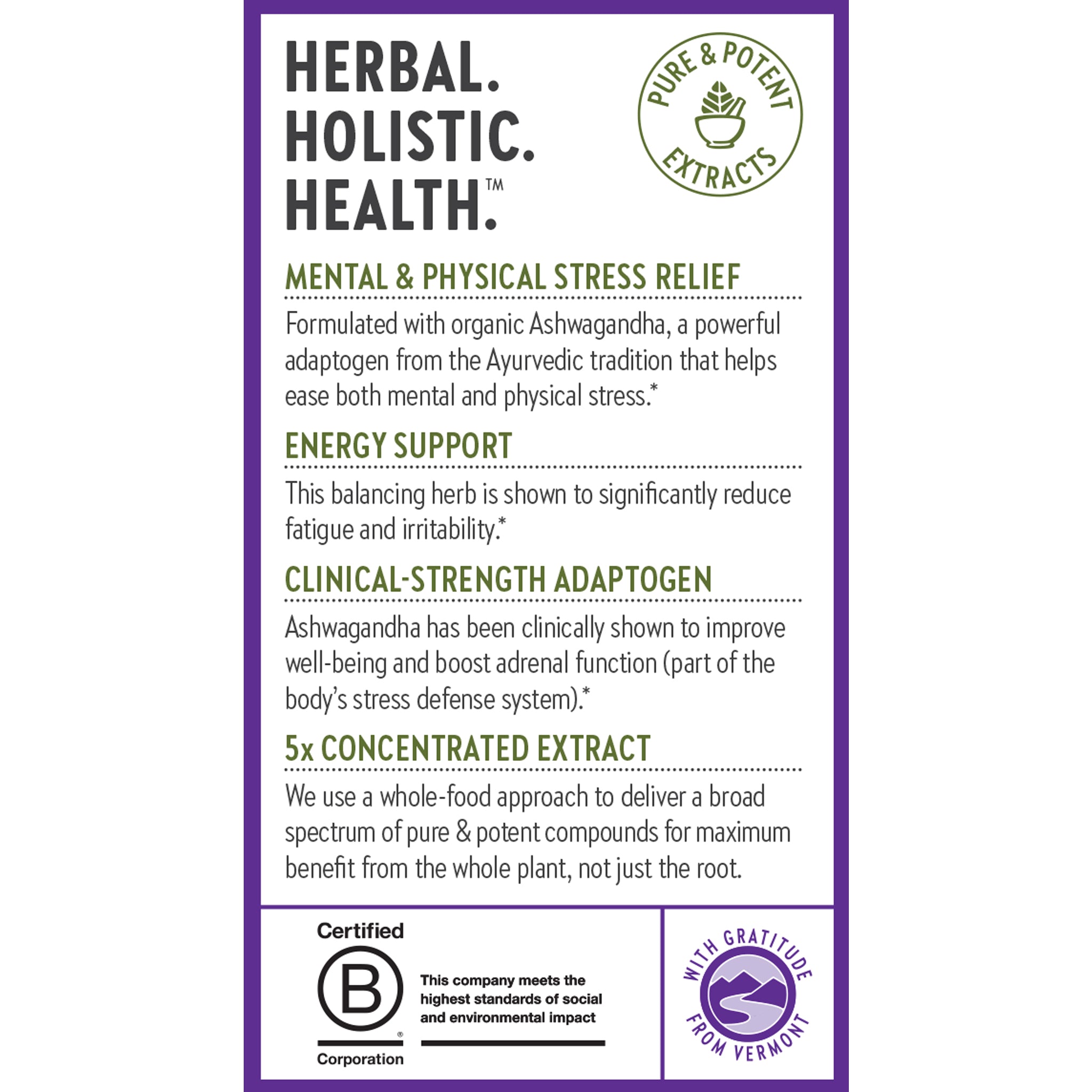 Herbal. Holistic. Health. Mental & Physical Stress Relief, Energy Support, Clinical-Strength Adaptogen, 5x Concentrated Extract
