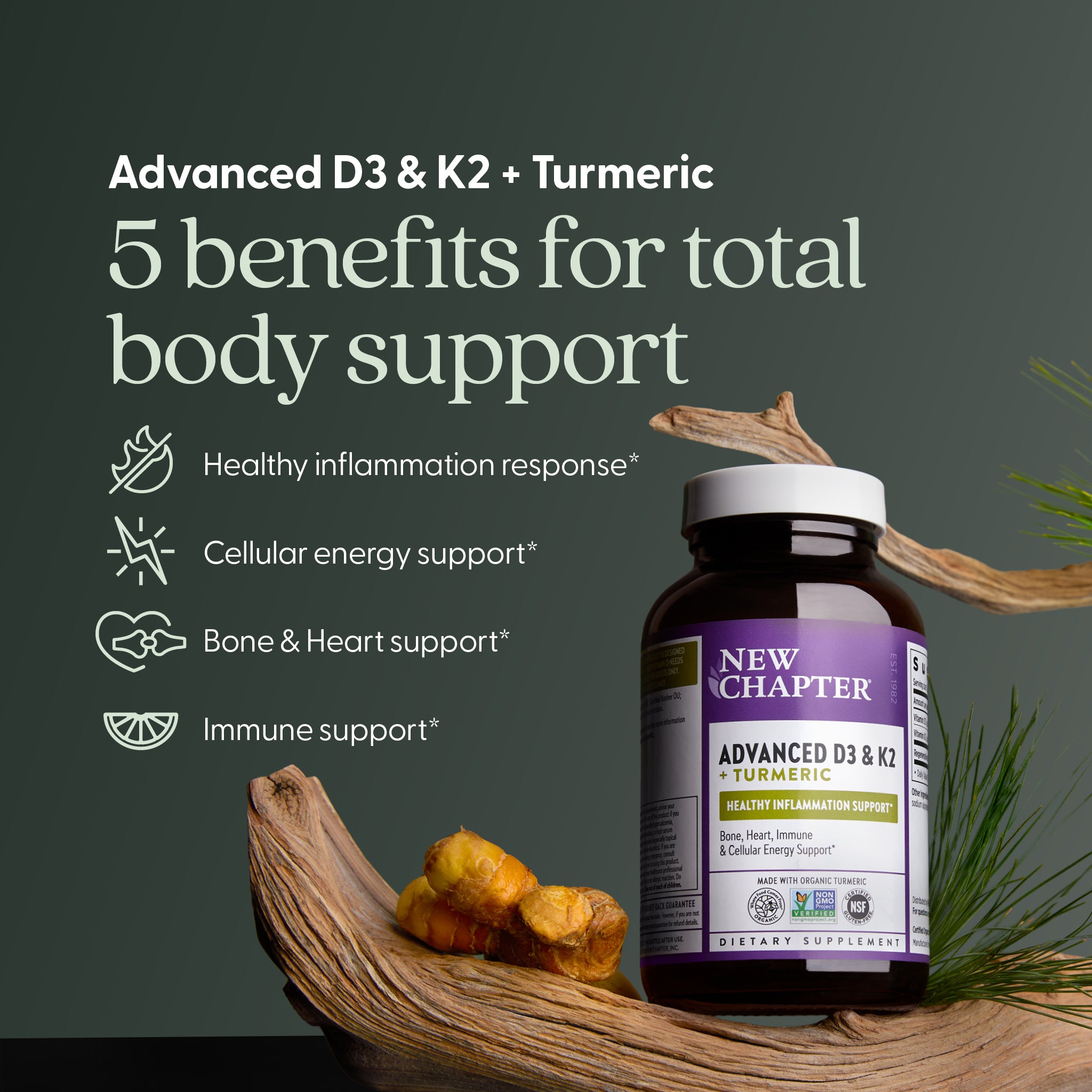 5 benefits for total body support, Healthy inflammation response, Cellular energy support, Bone & Heart support, Immune Support