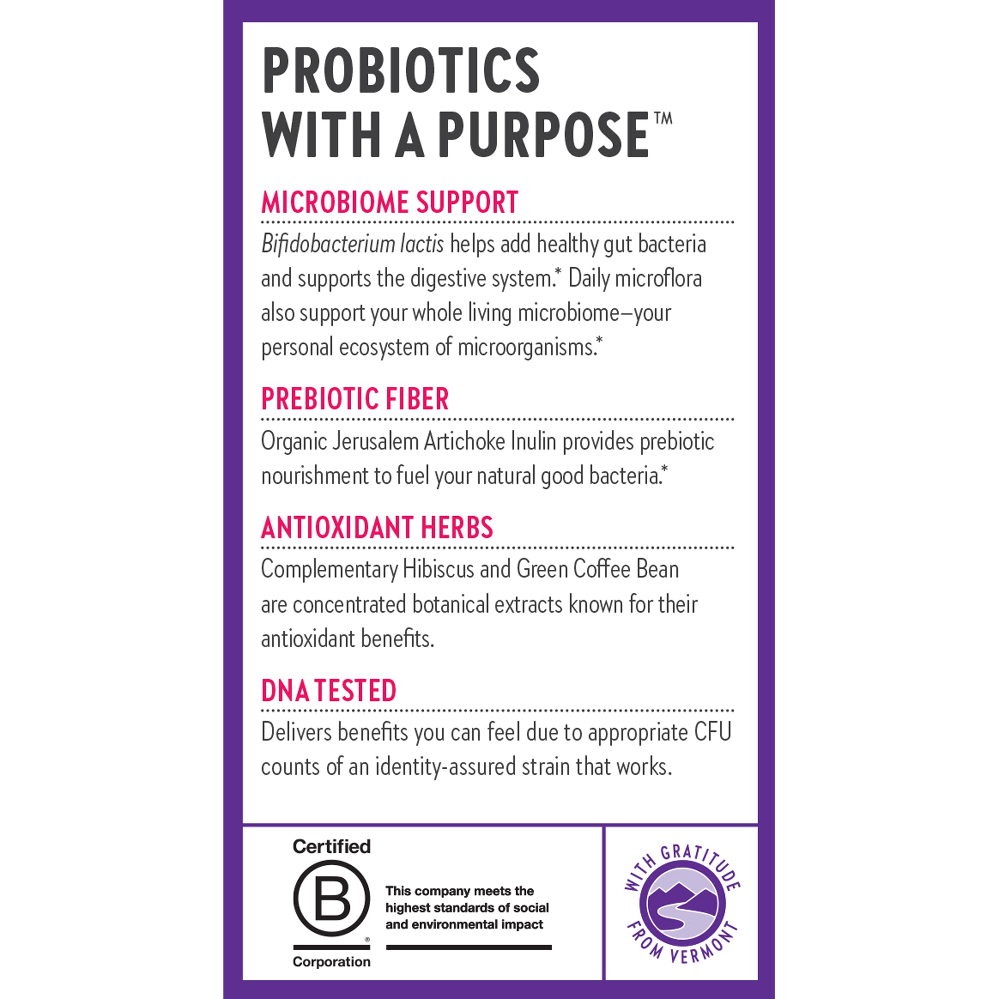 Probiotics with a purpose. Microbiome Support. Prebiotic fiber. Antioxidant Herbs. DNA Tested