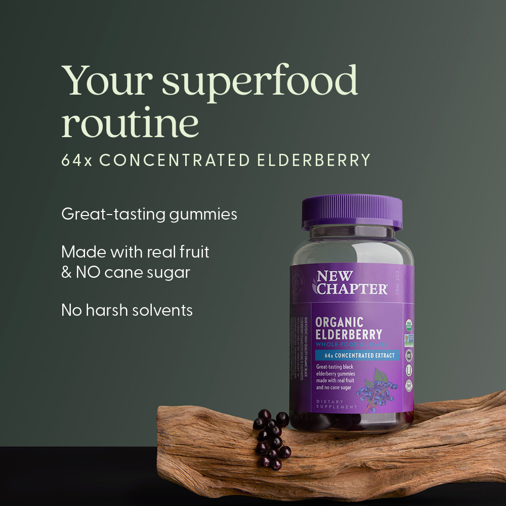 Your superfood routine 64x concentrated Elderberry, Great-tasting gummies, Made with real fruit & NO cane sugar, No harsh solvents